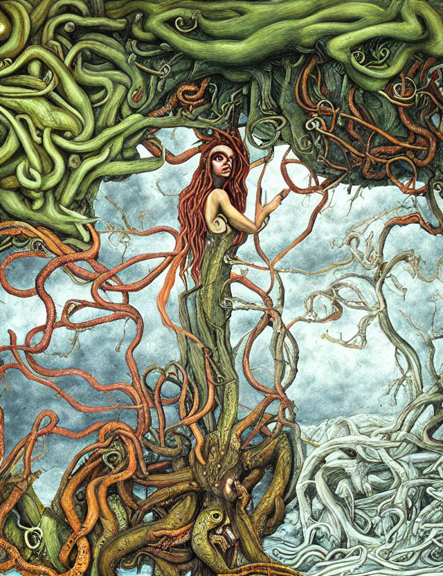 Fantasy illustration of woman with red hair among tree roots under cloudy sky