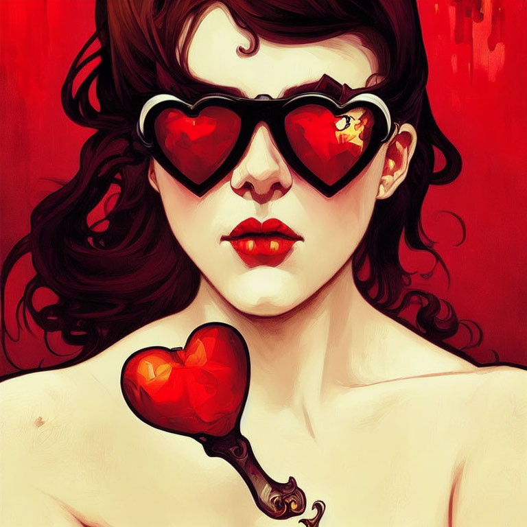 Vibrant portrait of woman with heart-shaped sunglasses and lollipop