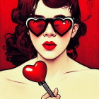 Vibrant portrait of woman with heart-shaped sunglasses and lollipop