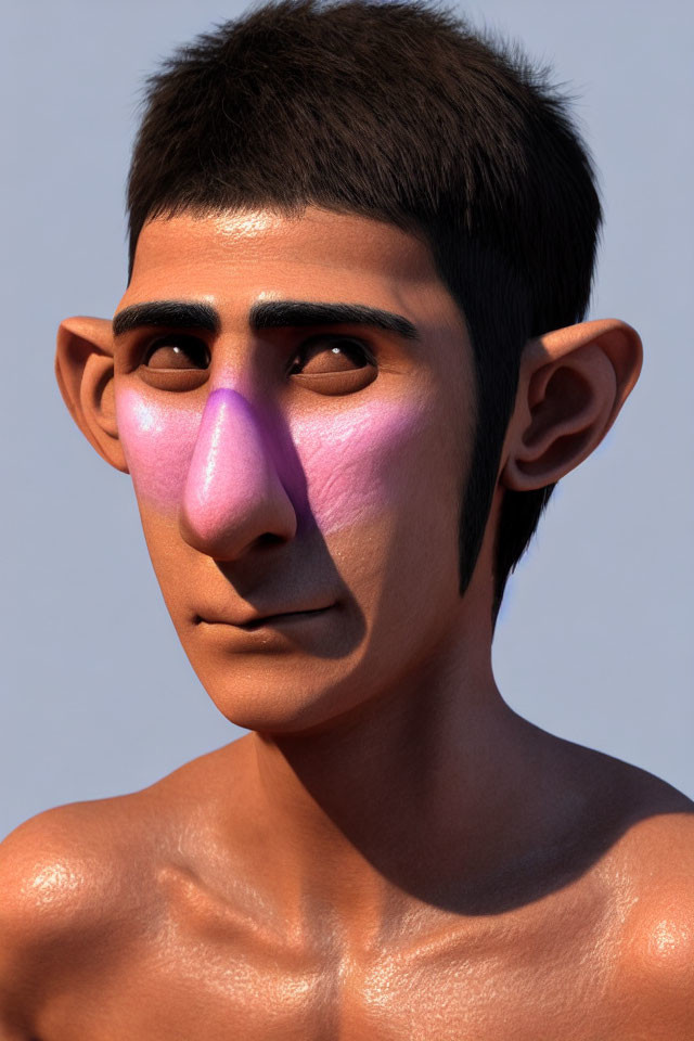 3D-rendered character with pink nose, dark hair, and questioning expression