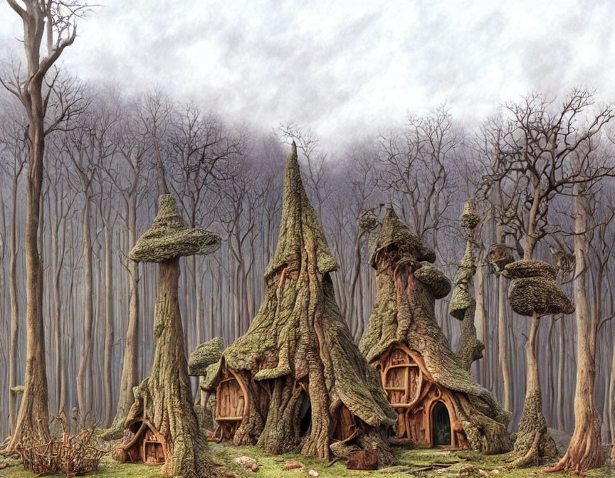 Whimsical tree houses with mushroom canopies in a bare forest