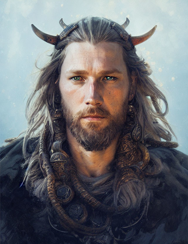 Digital painting of stern-faced man in Viking-style attire with long hair and beard