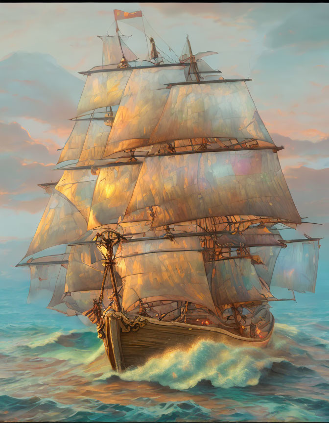 Majestic sailing ship with unfurled sails on sea at sunset