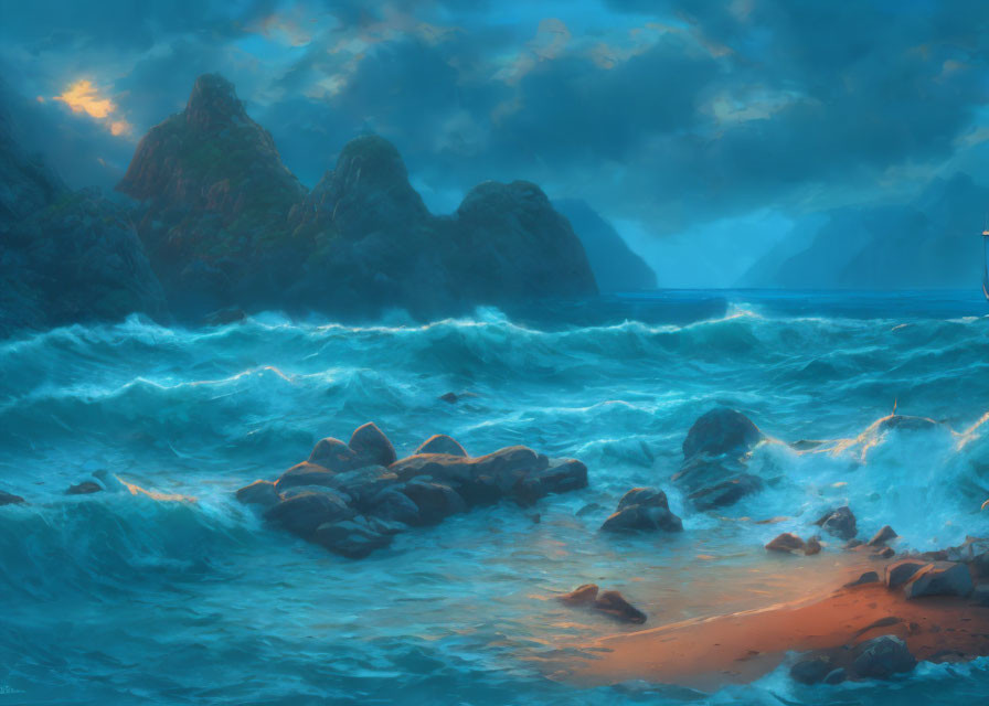 Tranquil Dusk Seascape with Turbulent Waves and Rugged Cliffs