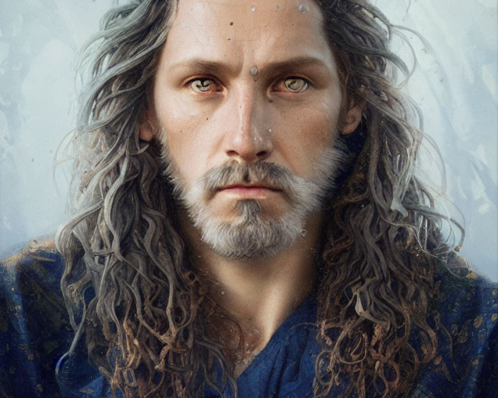 Digital portrait of man with long curly hair, intense gaze, short beard, in blue robe, textured