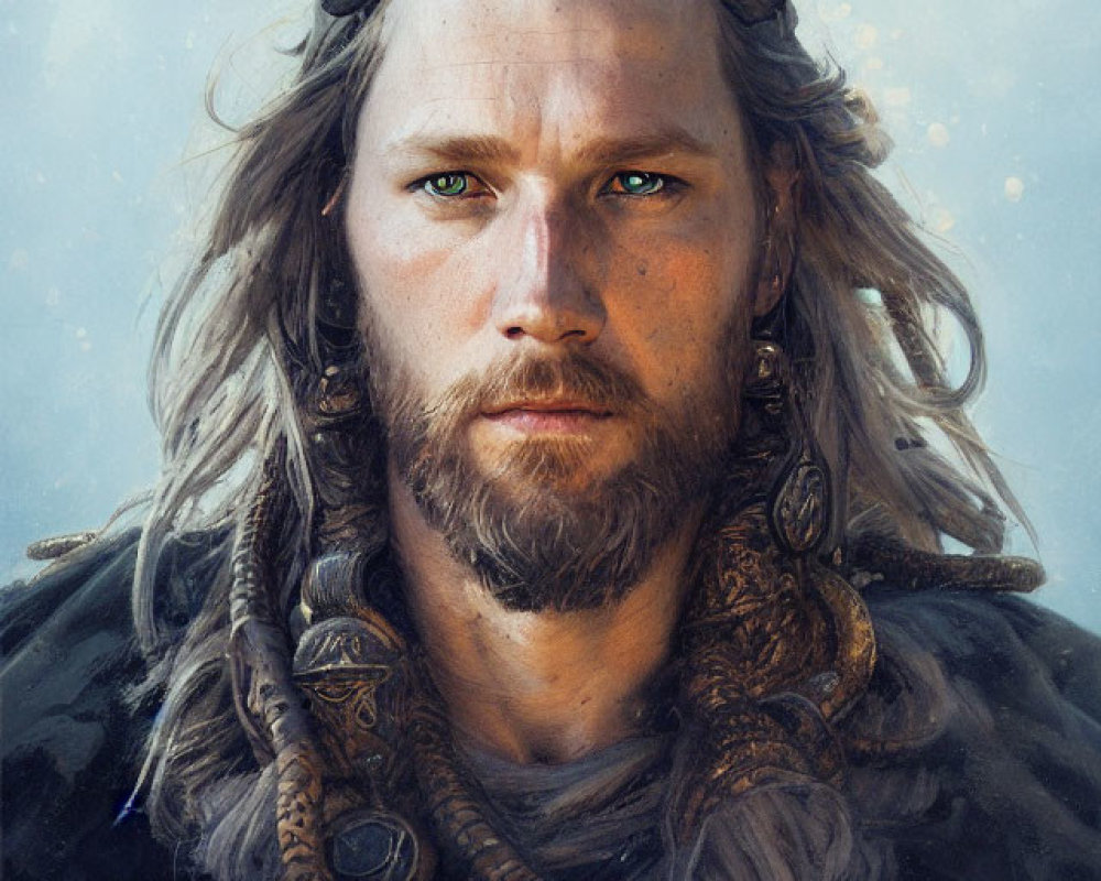 Digital painting of stern-faced man in Viking-style attire with long hair and beard