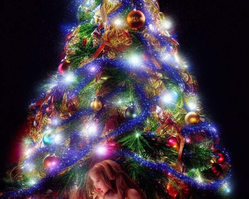 Girl sitting by Christmas tree with glowing present