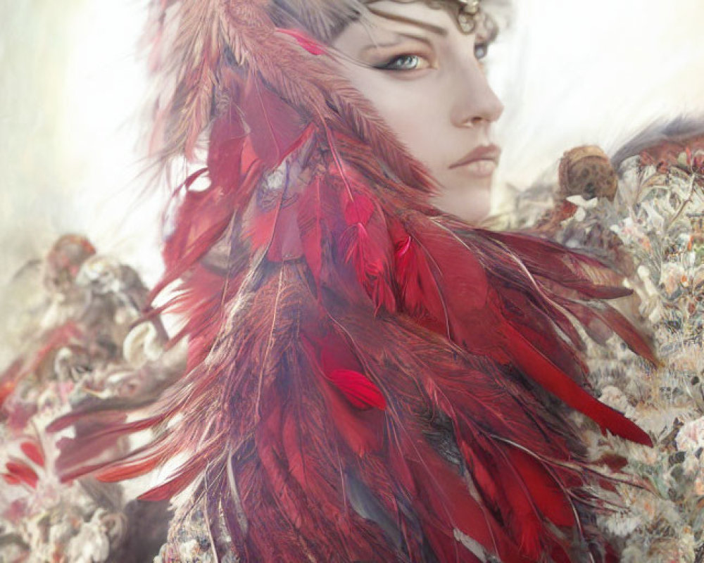 Portrait of a Person in Red Cloak and Headpiece on Ethereal Background