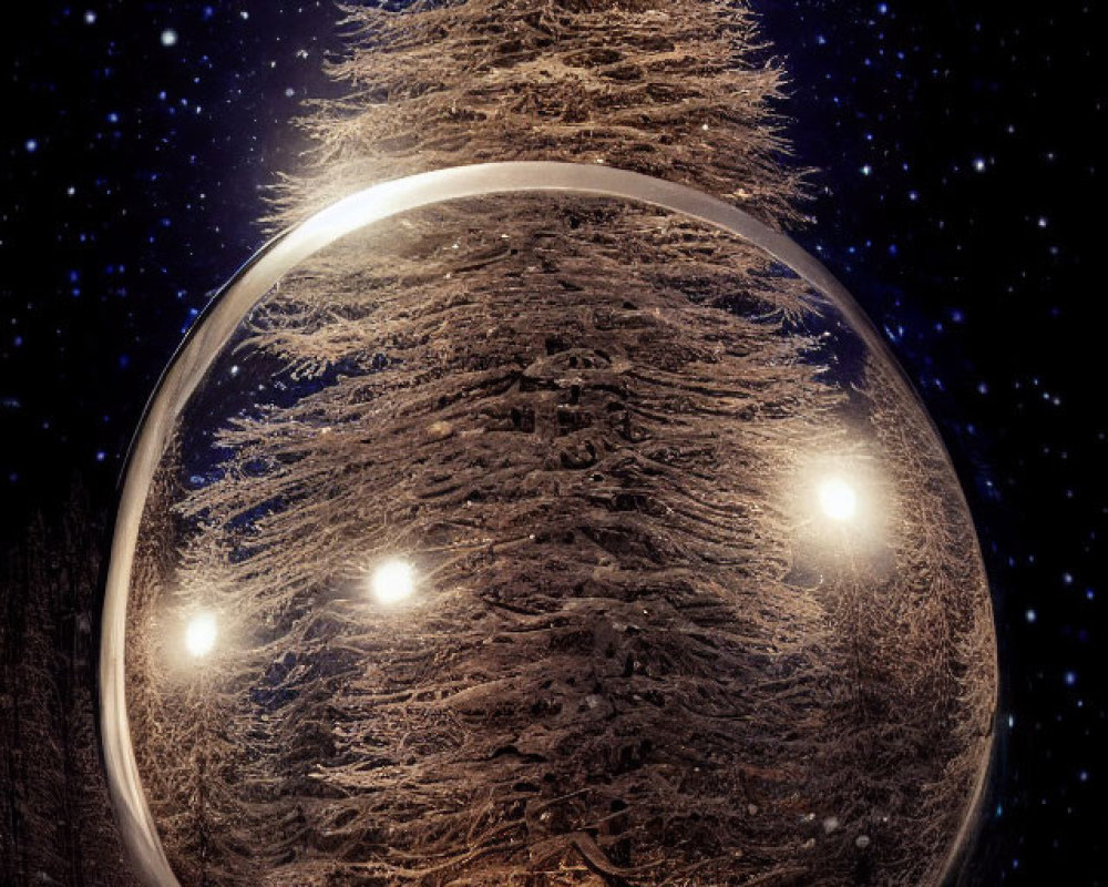 Snow-covered pine tree at night with mystical transparent sphere reflecting tree and snowflakes under starry sky