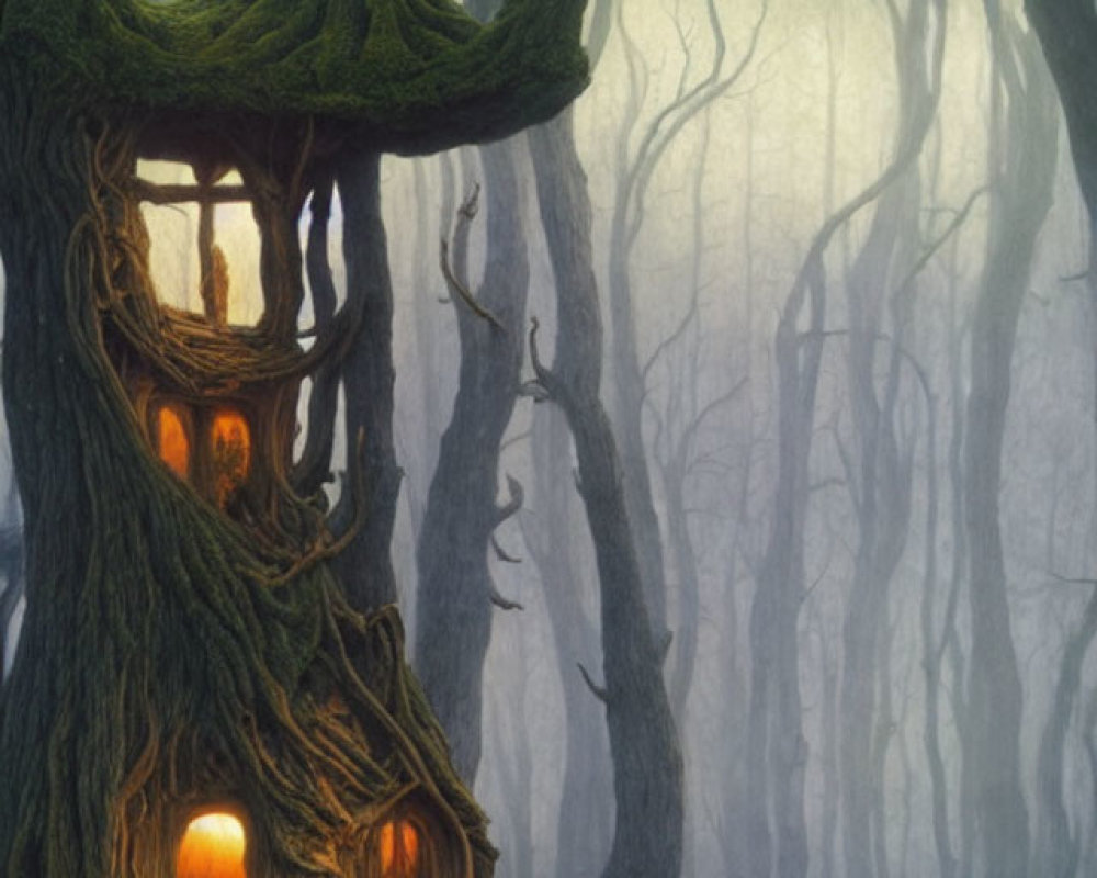 Glowing windows treehouse in mystical foggy forest