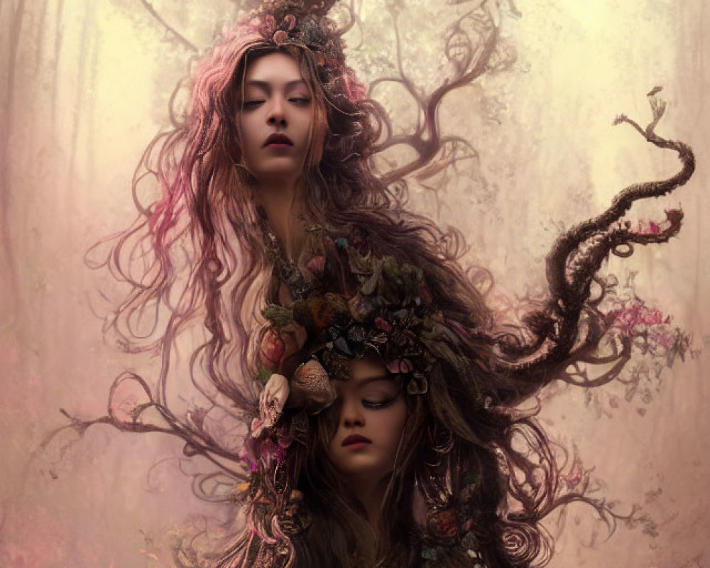 Fantastical image: Women's faces intertwined with tree-like hair in enchanted forest