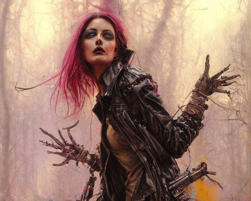 Pink-haired woman with twisted branch fingers in misty forest