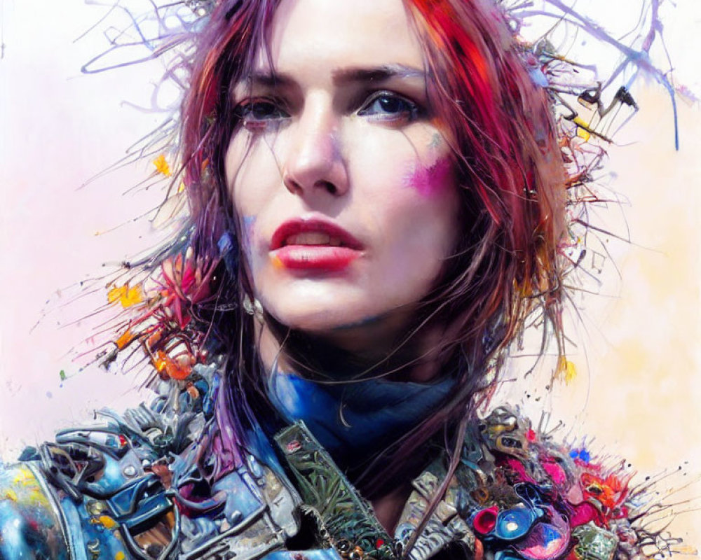 Colorful Artwork Featuring Woman with Red-Pink Hair and Striking Blue Eyes