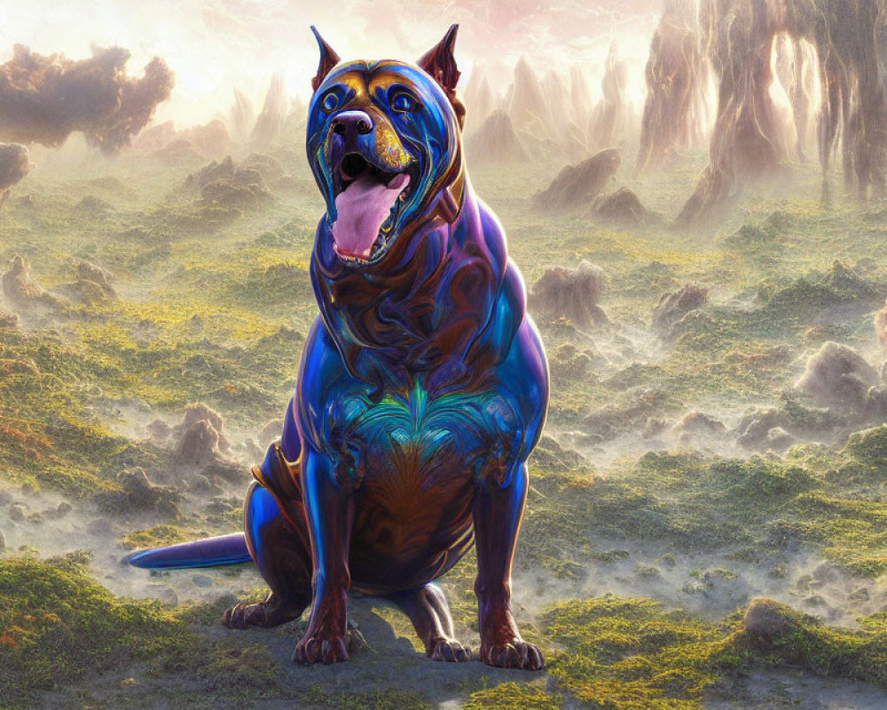 Colorful Iridescent Dog in Fantastical Landscape