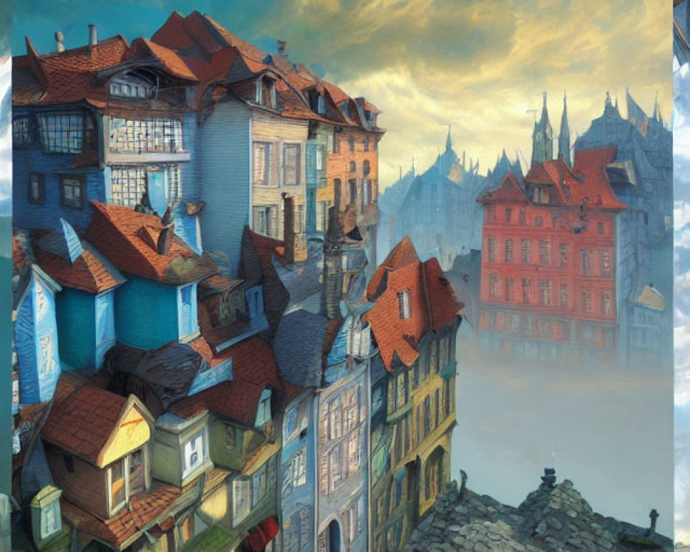 European-style medieval town digital painting with colorful rooftops under golden sky