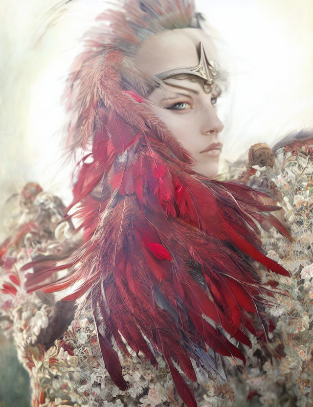 Portrait of a Person in Red Cloak and Headpiece on Ethereal Background