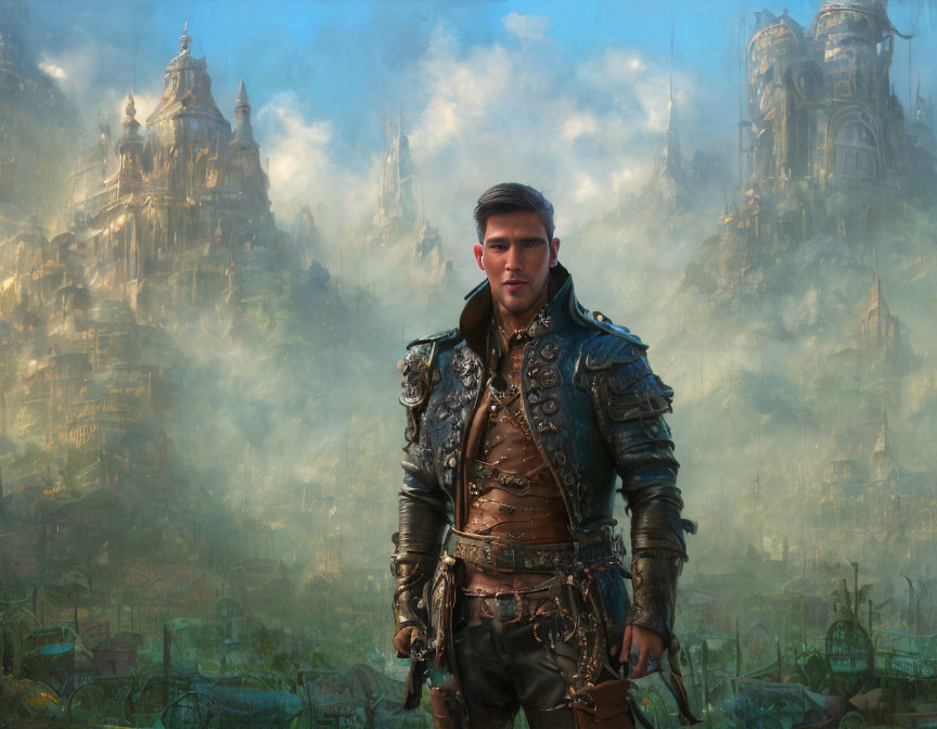 Medieval armored man in front of misty fantasy cityscape