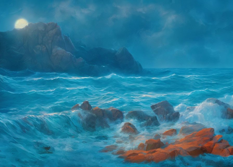 Tranquil seascape with full moon, misty cliffs, crashing waves