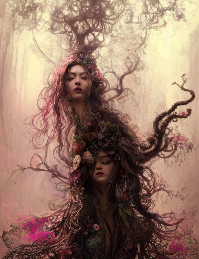 Fantastical image: Women's faces intertwined with tree-like hair in enchanted forest