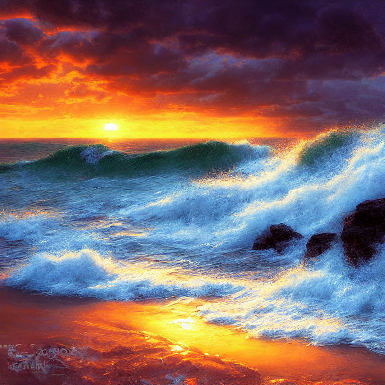 Vibrant sunset over turbulent sea with crashing waves and dramatic sky