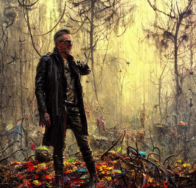 Person in Black Leather Jacket and Sunglasses in Burnt Forest with Colorful Debris