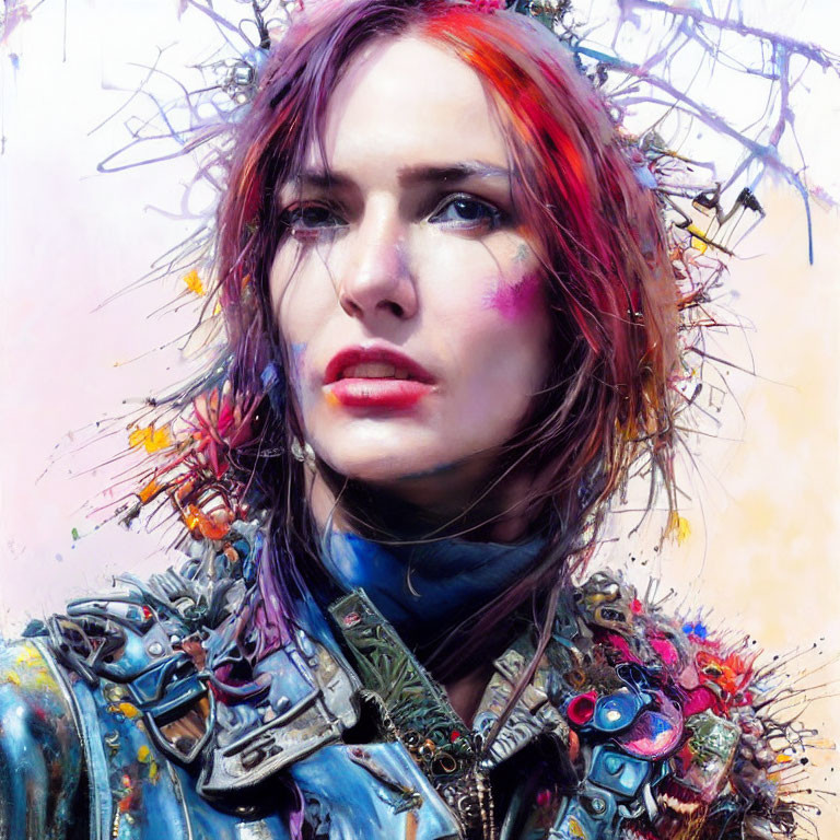 Colorful Artwork Featuring Woman with Red-Pink Hair and Striking Blue Eyes