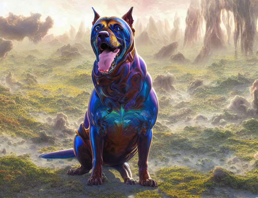 Colorful Iridescent Dog in Fantastical Landscape