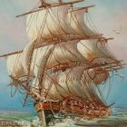 Majestic sailing ship with unfurled sails on sea at sunset