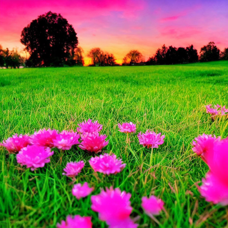 Vibrant Pink Flowers on Lush Green Grass with Colorful Sunset Sky