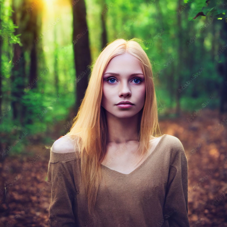 Blonde woman in brown top standing in sunlit forest