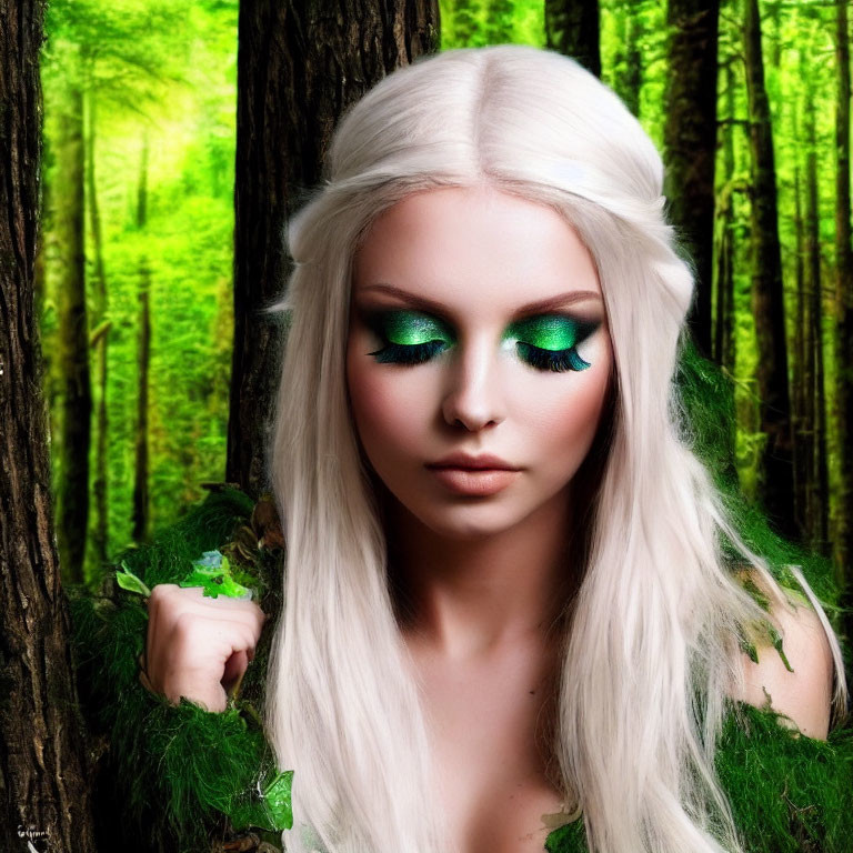 White-Haired Person with Green Eye Makeup in Forest Setting