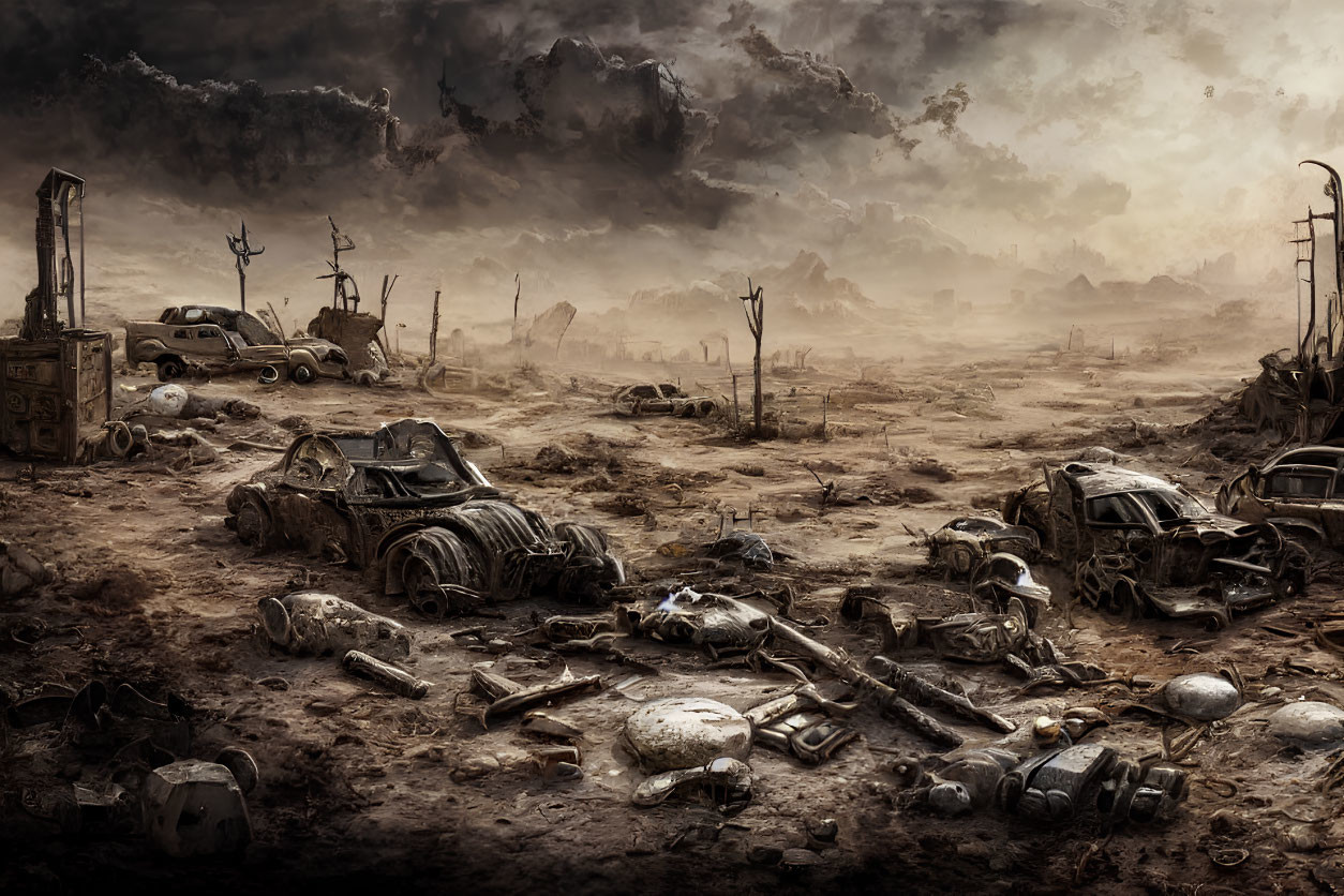 Desolate post-apocalyptic landscape with wrecked cars, debris, and skulls in barren wasteland