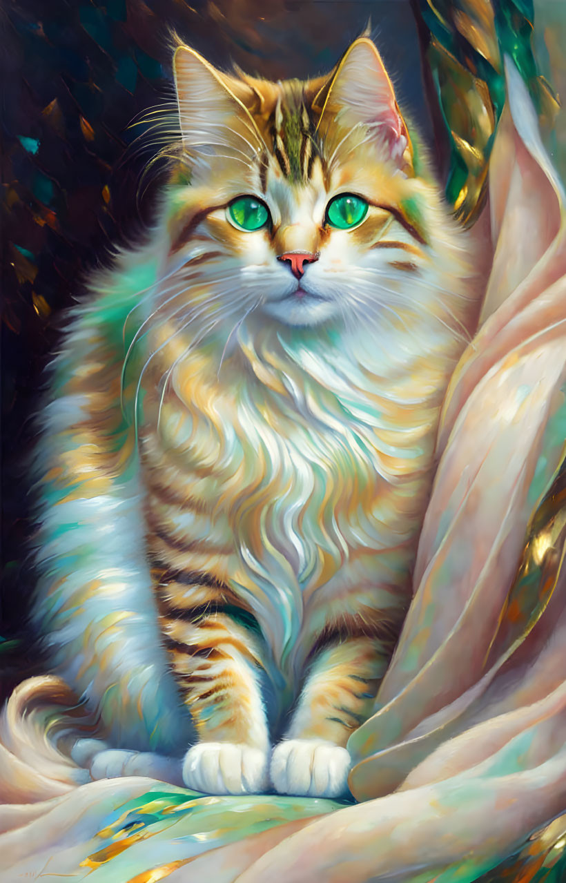 Majestic cat illustration with green eyes and ethereal glow amid flowing fabrics