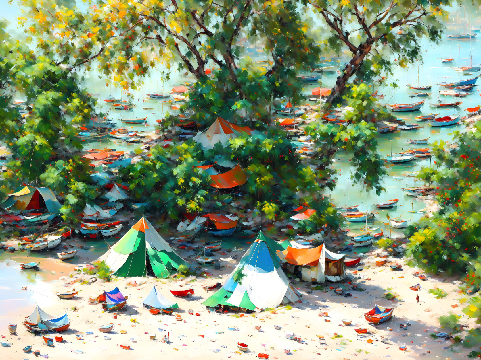 Impressionist painting of colorful tents and boats on sandy shore