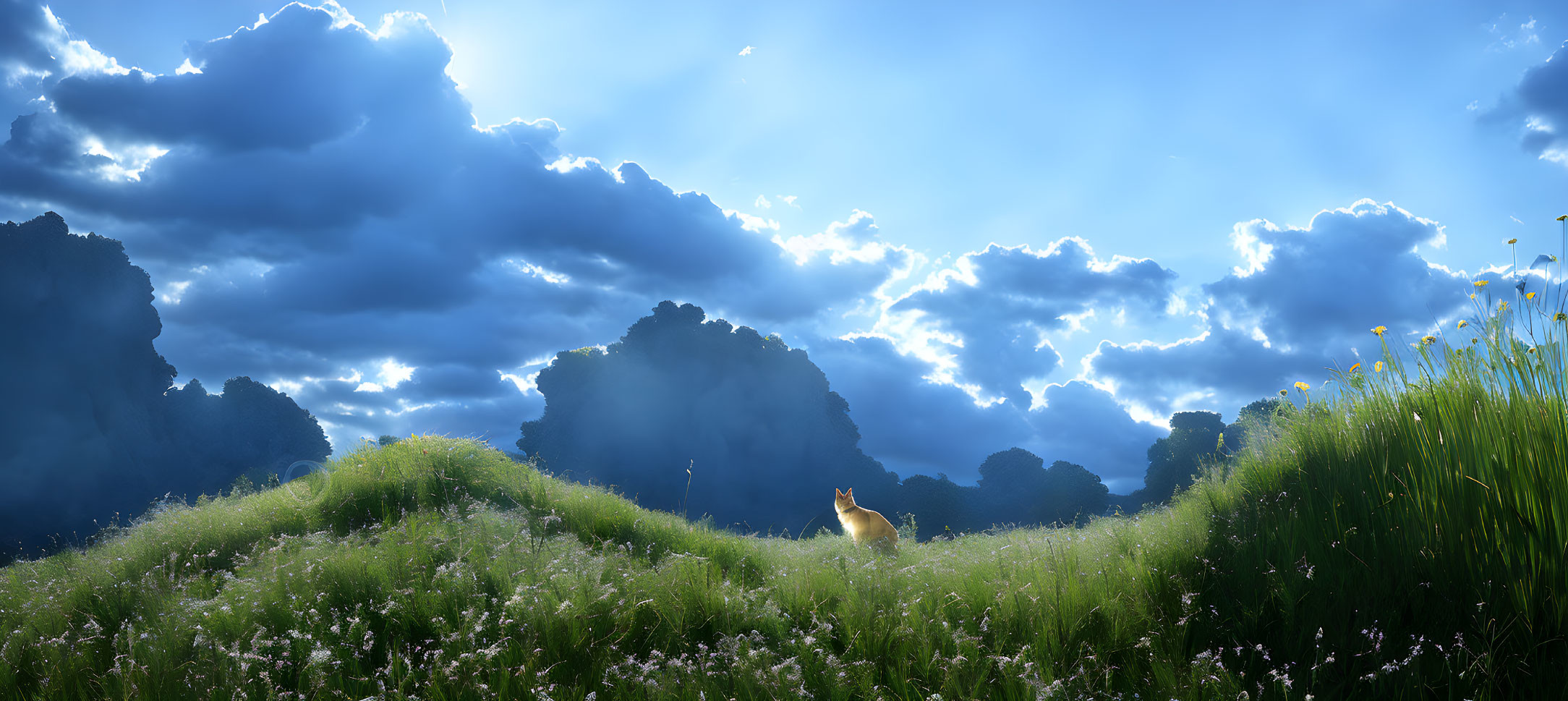 Tranquil landscape with lone cat in tall grass under dramatic sky