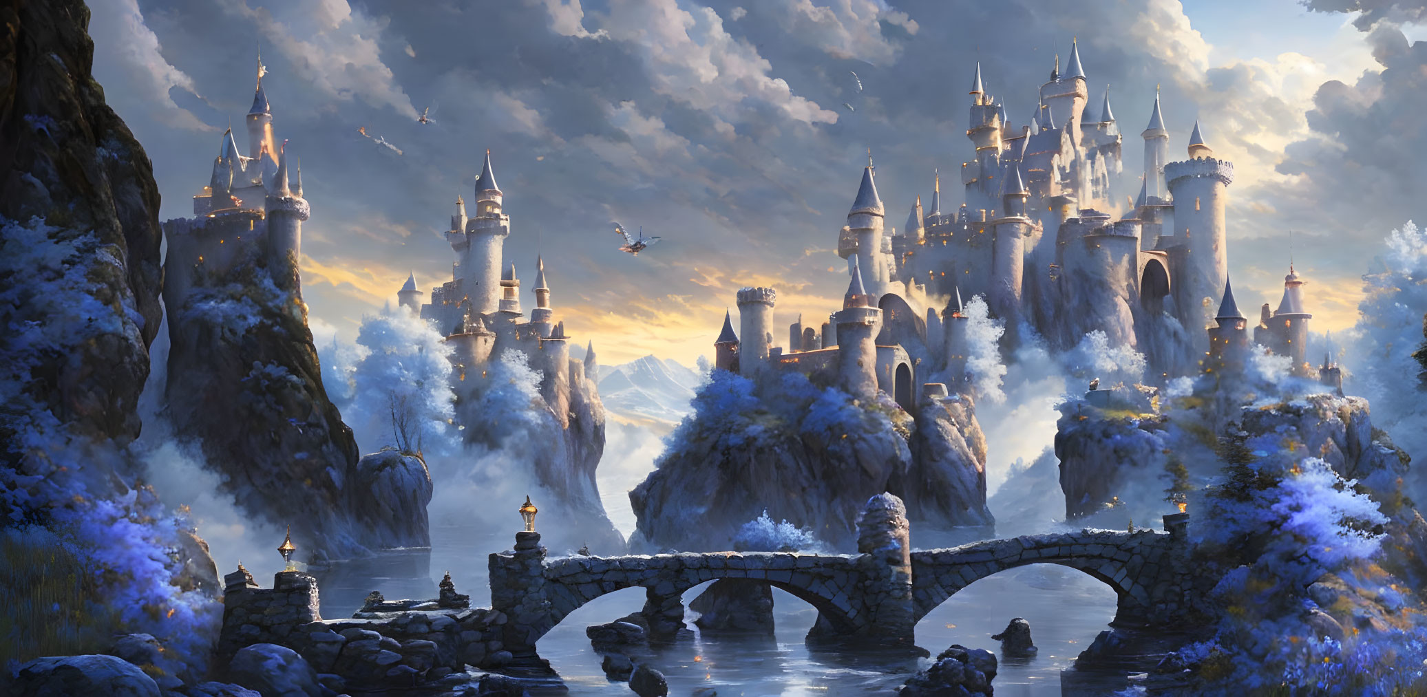 Fantasy castle with spires in mountainous landscape and flying ships