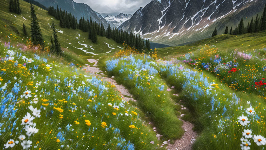 Scenic alpine meadow with wildflowers, dirt path, and snow-capped mountains