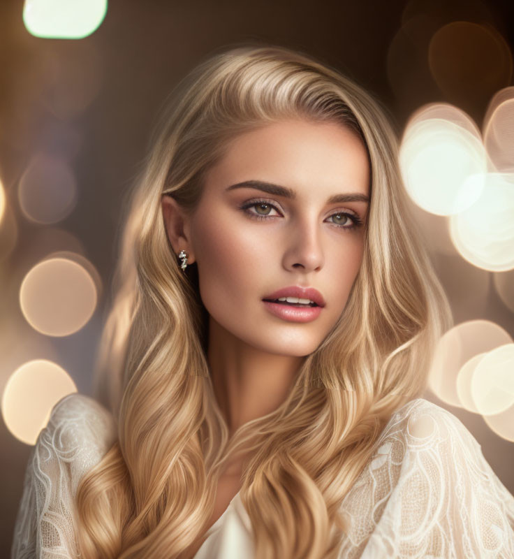 Blonde woman portrait with sparkling earrings on soft background