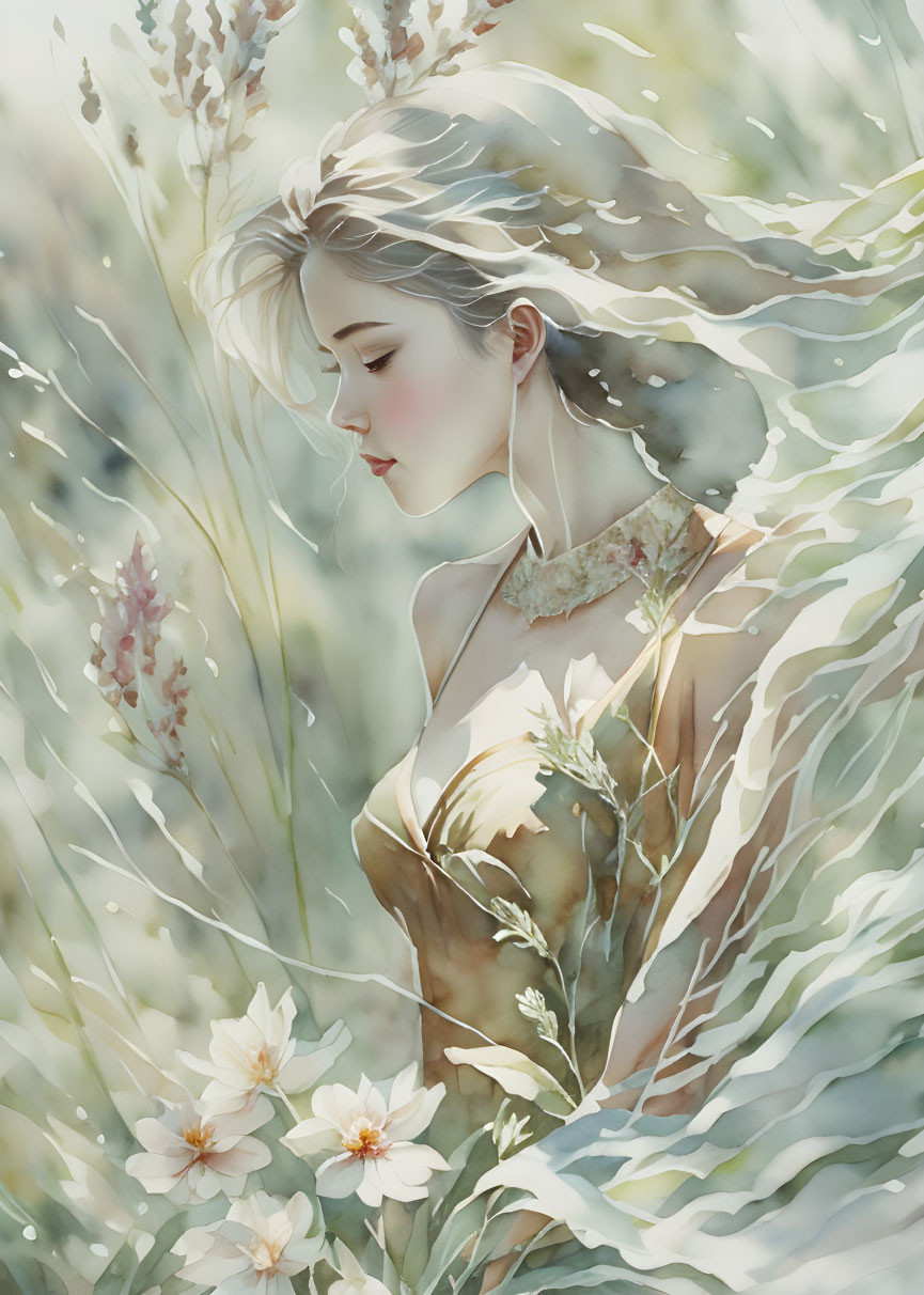 Illustration of woman in lush flora with sunlight filtering through