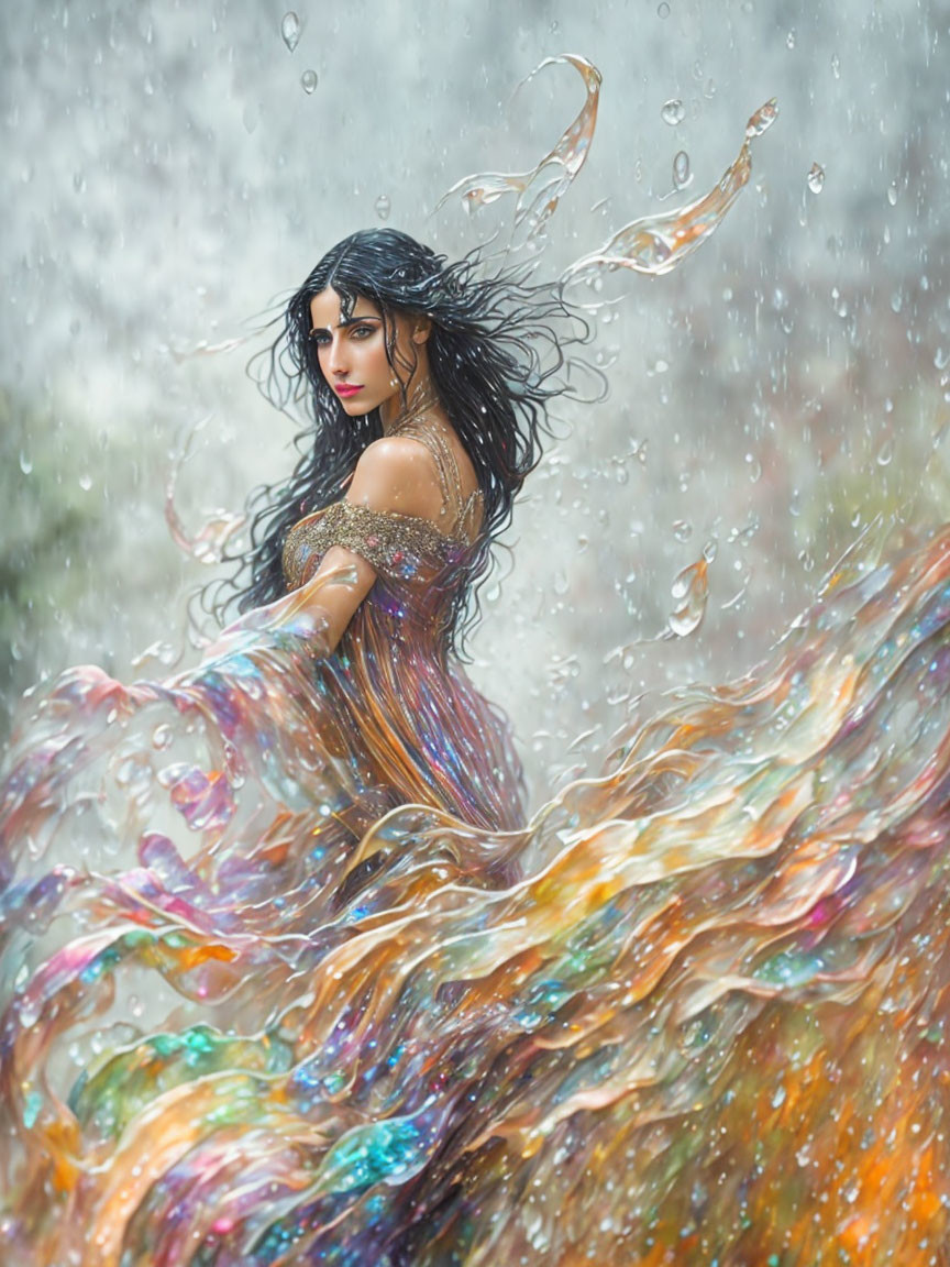 Woman in Glittery Dress Spinning with Water Droplets