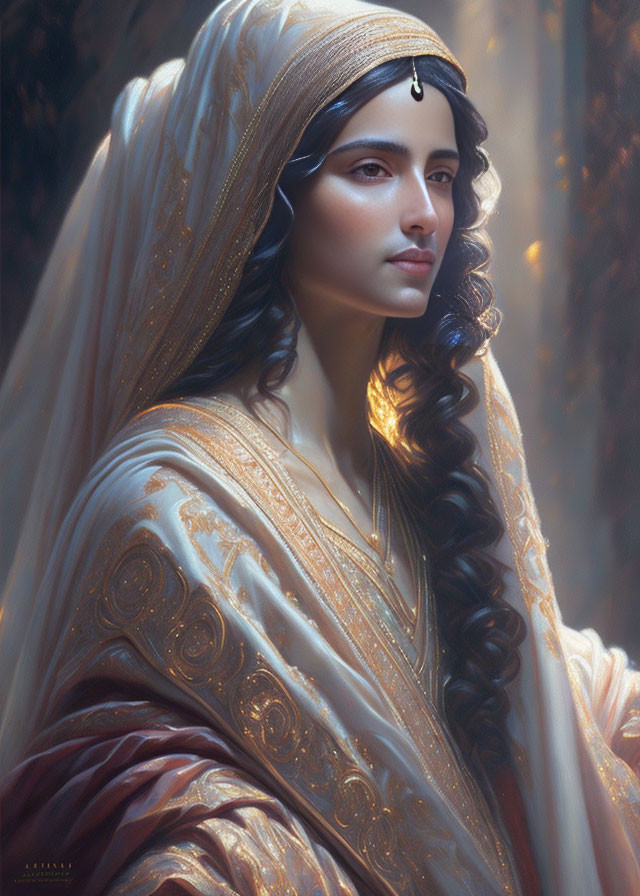 Dark-Haired Woman in Ornate Cloak and Headpiece in Ethereal Setting