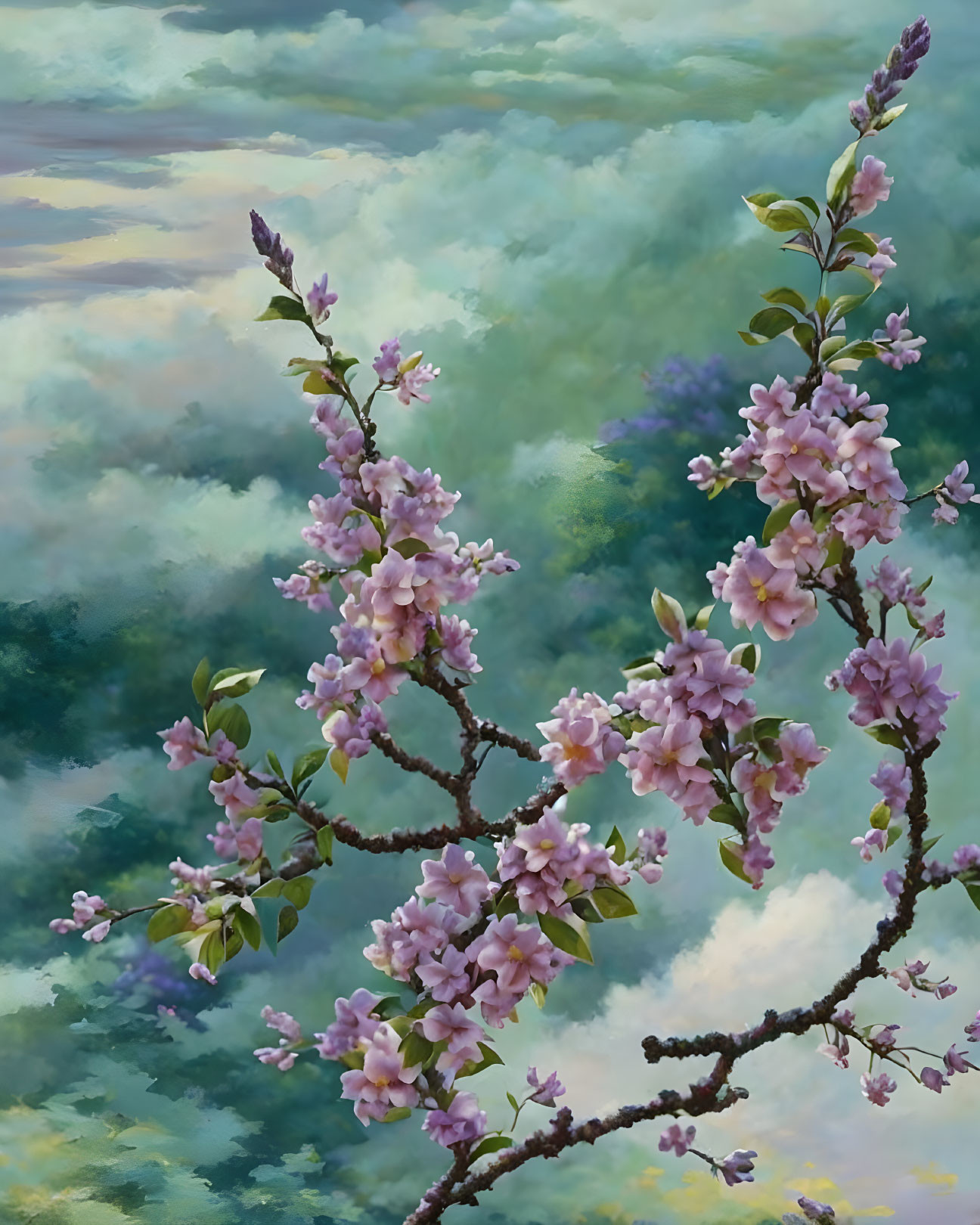 Delicate pink cherry blossoms on dark branches against a serene sky palette