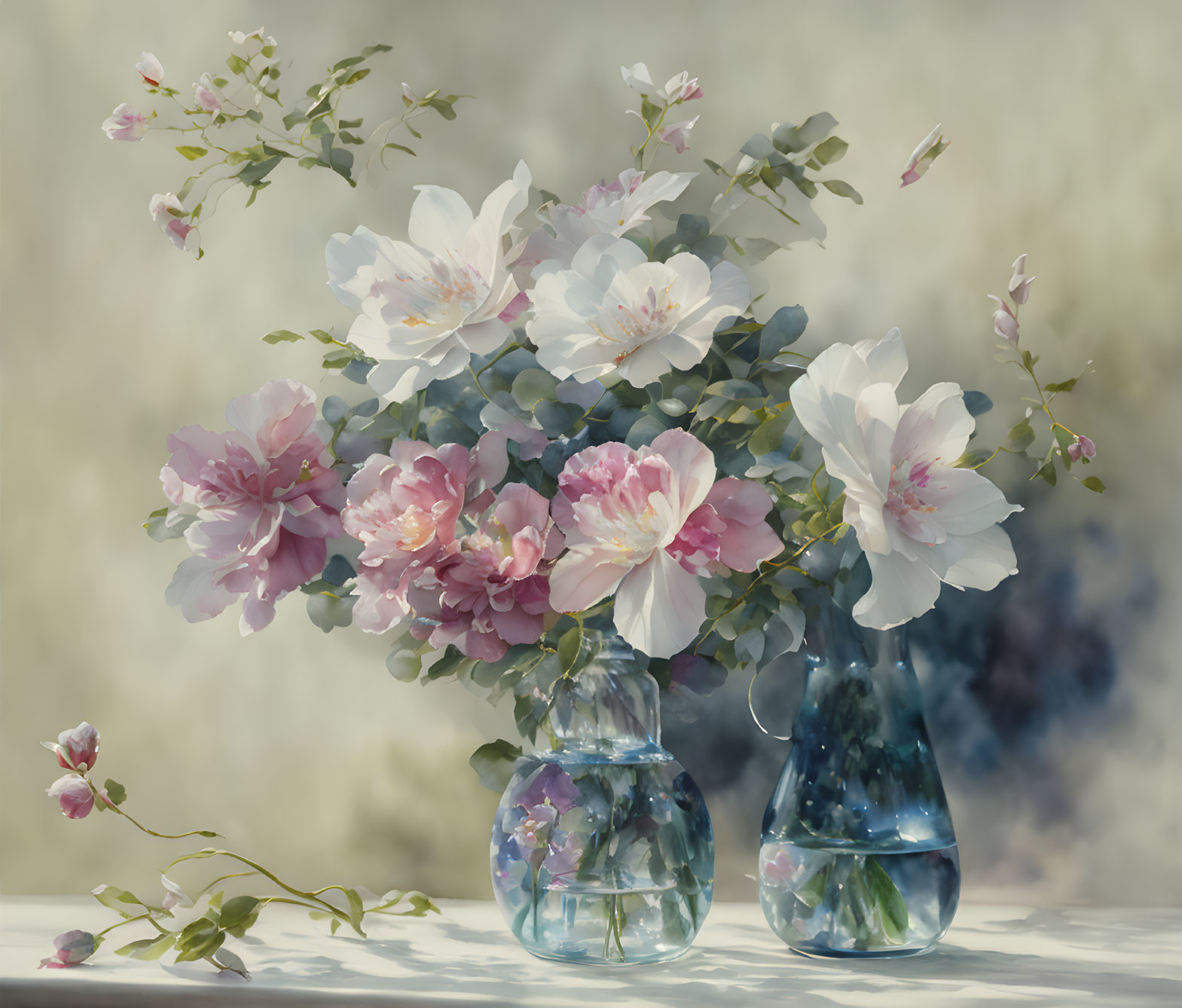 Delicate Pink and White Blossoms in Glass Vases