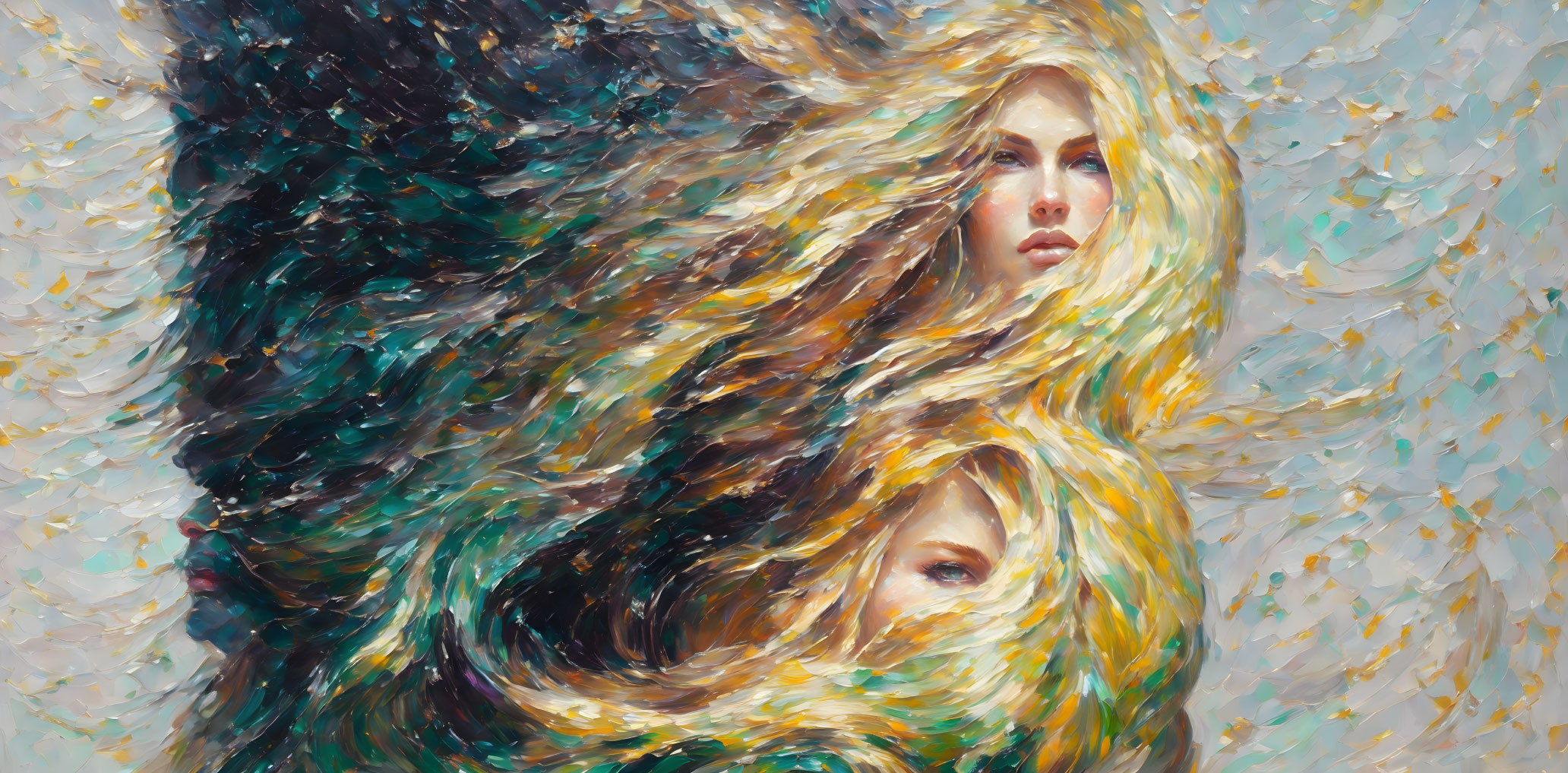 Vibrant painting: Two women with flowing hair in abstract blue, gold, and white hues