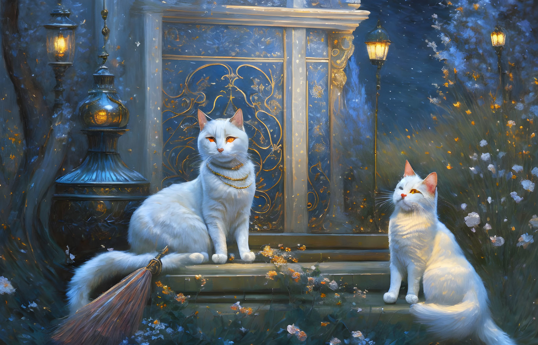 White Cats with Golden Jewelry by Mystical Door at Twilight