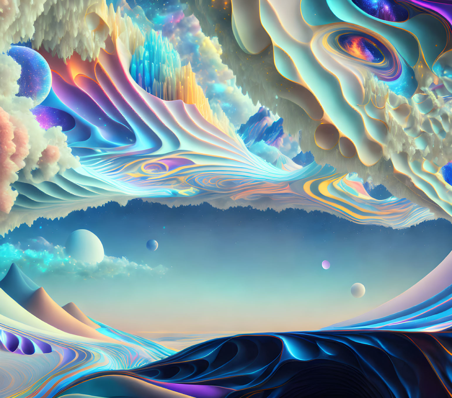 Colorful surreal landscape blending space and fantasy elements