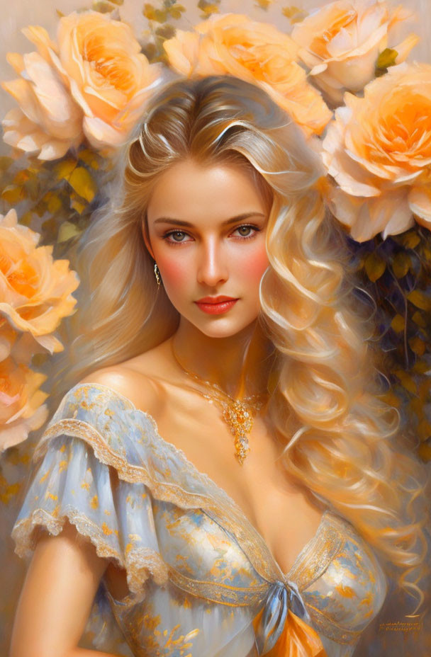 Blonde Woman Portrait in Blue Dress with Peach Roses