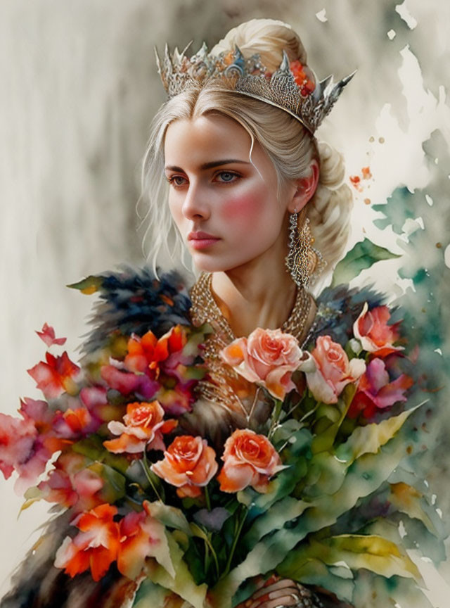 Blonde woman with crown and elegant jewelry in colorful attire