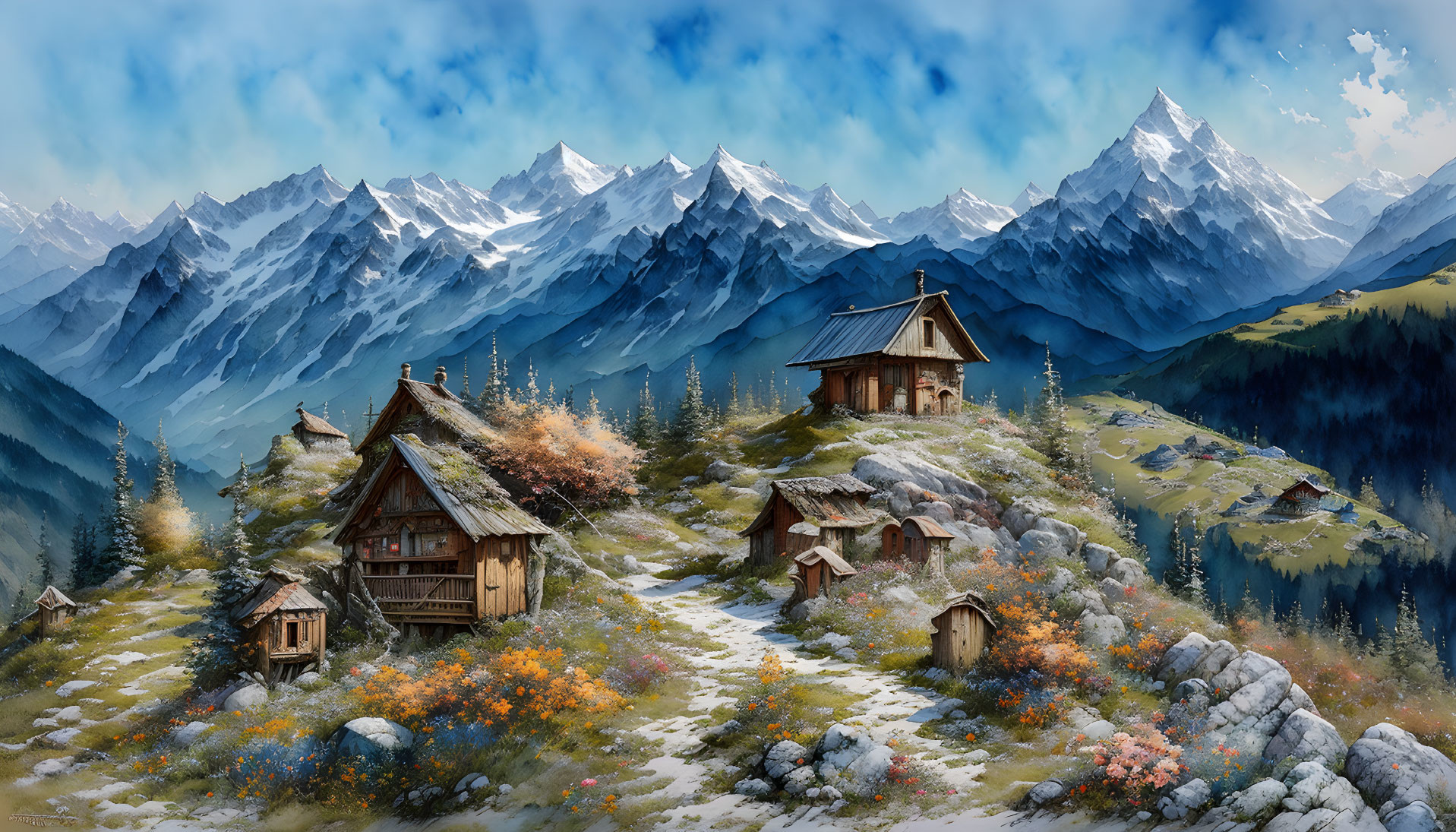 Rustic cabins in mountain landscape with wildflowers and snow-capped peaks