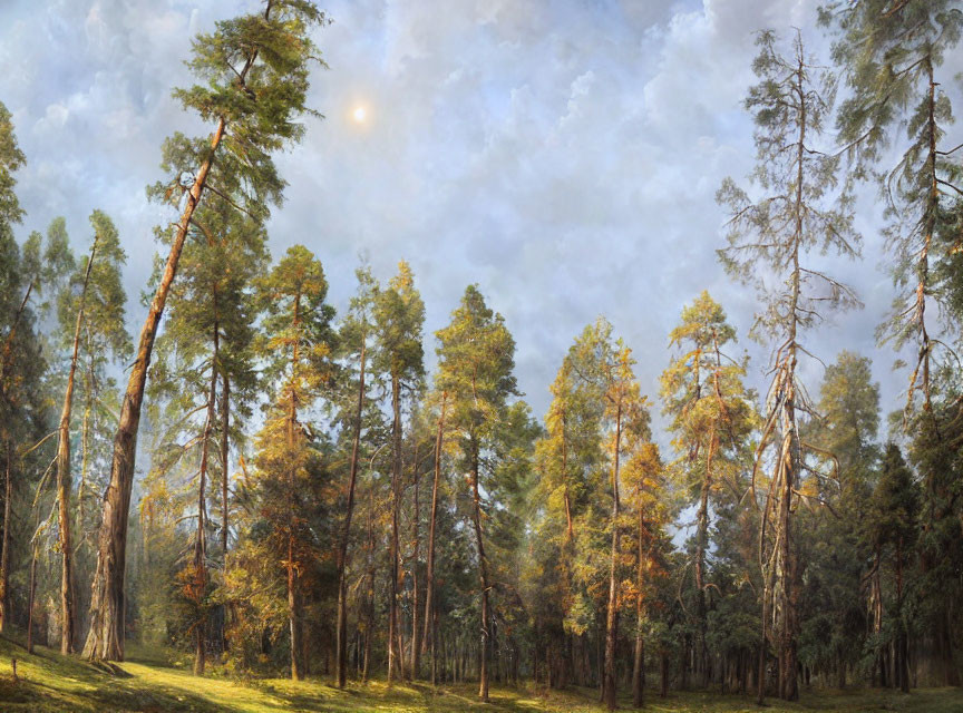 Tranquil forest scene with tall pine trees and sunlit path